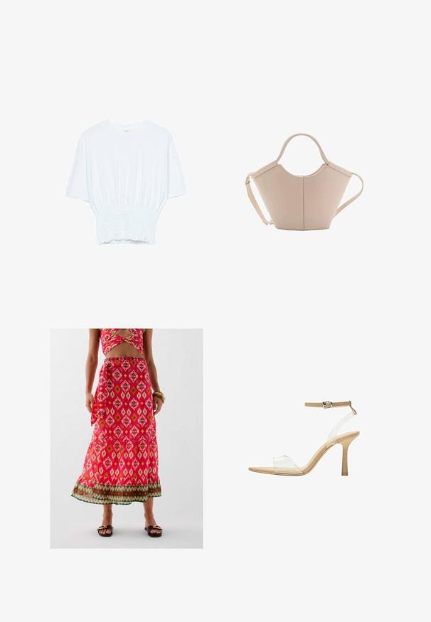 Weißes T-Shirt mit kurzen Ärmeln, lockerer Passform und gerafftem Stoff an der Taille. Aus weichem, leichtem Material gefertigt.; Maxi-Rock mit floralem Muster in Pink, mit gerafftem Saum und grünen Akzenten. Hergestellt aus leichtem Stoff mit einer gebundenen Schleife.; Durchsichtige Sandale mit transparentem Obermaterial, beigem Fußbett und einem schlanken Knöchelriemen. Sie hat eine spitz zulaufende Zehenpartie und einen dünnen, hohen Absatz.; Beige Lederhandtasche mit einer einzigartigen Form, die zwei kurze Henkel und einen langen verstellbaren Riemen aufweist. Glatte Textur mit minimalen Hardware-Elementen.