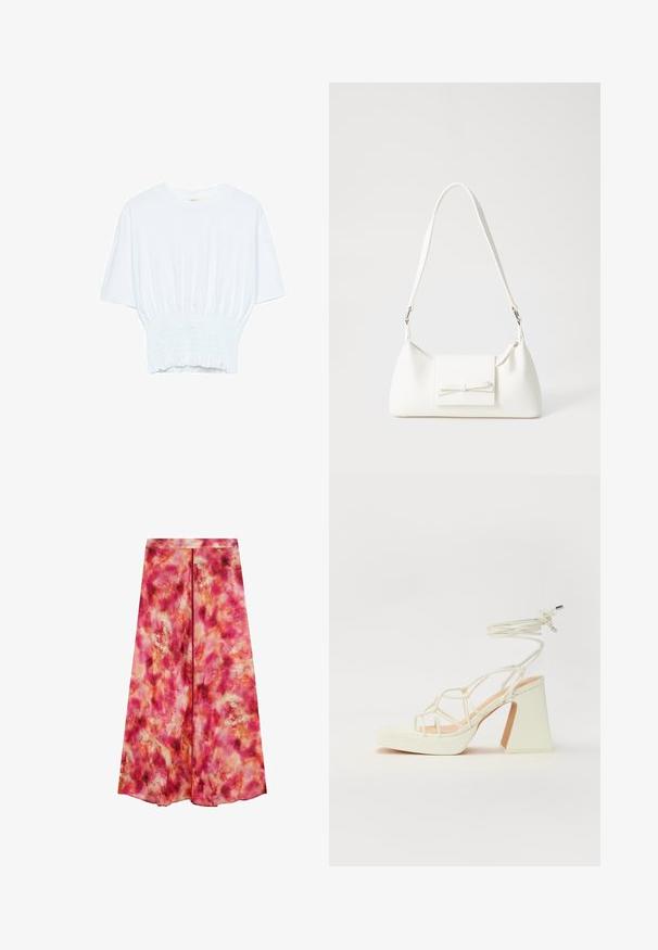 Hvid kortærmet T-shirt med afslappet pasform og smocked tekstur ved taljen. Lavet af blødt, letvægtsstof.; Lang nederdel i livlig pink med abstrakt, akvarel-lignende mønster. Lavet af letvægtsstof. Har en lige pasform og en skjult talje.; Hvide højhælede sandaler med en kraftig hæl, der har et stropdesign og ankelbinding. Glat tekstur med en platform foran for ekstra højde.; Hvid syntetisk håndtaske med en trekantet form, flad forsideklap og sløjfedetalje, justerbar strop, glat tekstur og minimalistisk design.