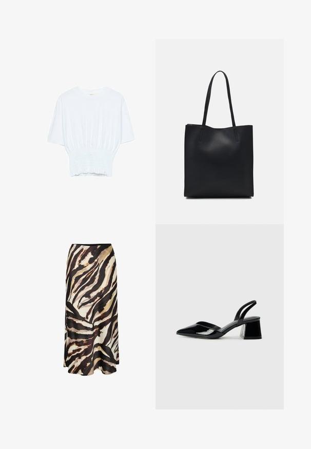 Hvid kortærmet T-shirt med afslappet pasform og smocked tekstur ved taljen. Lavet af blødt, letvægtsstof.; Lang nederdel i let stof med et dristigt, abstrakt dyreprint i brune, sorte og cremefarver. Den har en glat tekstur og går til anklerne.; Sorte patentlæder slingback hæle med spids tå og en geometrisk blok hæl. Har et elegant, minimalistisk design og en glat tekstur.; Sort læder tote taske med glat tekstur, rektangulær form og to lange hanke. Ingen synlig hardware eller udsmykninger.
