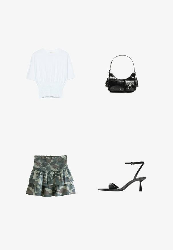 T-shirt blanc à manches courtes avec une coupe décontractée et une texture froncée à la taille. Fabriqué en tissu doux et léger.; Jupe tiered en imprimé camouflage avec une taille froncée, présentant trois couches volantées aux tons de vert et de gris atténués. Tissu léger.; Bershka Sandales à talons hauts - black; Sac à main en cuir verni noir avec une forme incurvée, une bandoulière, des poches avant et des accents en métal argenté.