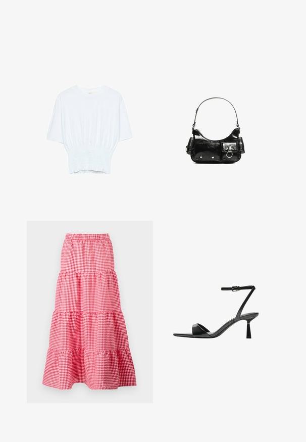 Bela majica s kratkimi rokavi sproščenega kroja in z gubanim materialom na pasu. Narejena iz mehkega, lahkega blaga.; Rdeče in bele karirane slojevite krilo z elastičnim pasom in nabranim robom, ki vsebuje tri nabrane plasti. Bombažni material.; Bershka Sandali z visoko peto - black; Črna lakasta usnjena torbica s ukrivljeno obliko, enim ramenskim trakom, sprednjimi žepi in srebrnimi kovinskimi dodatki.