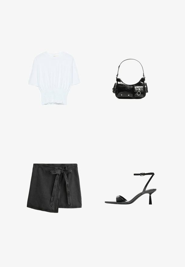T-shirt blanc à manches courtes avec une coupe décontractée et une texture froncée à la taille. Fabriqué en tissu doux et léger.; Jupe en denim noir avec ceinture à nouer, ourlet asymétrique et texture lisse. Comprend des détails de couture le long des bords.; Bershka Sandales à talons hauts - black; Sac à main en cuir verni noir avec une forme incurvée, une bandoulière, des poches avant et des accents en métal argenté.