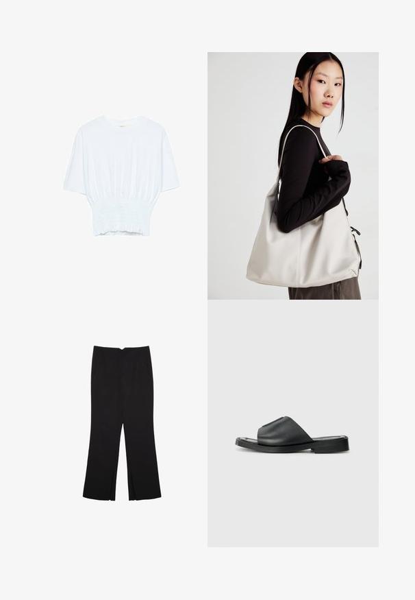 Valkoinen lyhythihainen t-paita, jossa on rento leikkaus ja frillattu tekstuuri vyötäröllä. Valmistettu pehmeästä, kevyestä kankaasta.; Mustat housut suoralinjaisella leikkauksella, joissa on etutaskut ja sivurei'ät helman alla. Valmistettu pehmeästä ja sileästä kankaasta. Sopii eri tilaisuuksiin.; Musta nahkainen liukuva sandaali, jossa on sileä pinta, avonainen kärki, leveä hihnadesign ja litteä kumipohja.; Beige laukku, joka on valmistettu pehmeästä materiaalista, ja siinä on rento muotoilu, ommeltu yksityiskohtia ja kaksi olkahihnaa. Sopii päivittäiseen käyttöön.