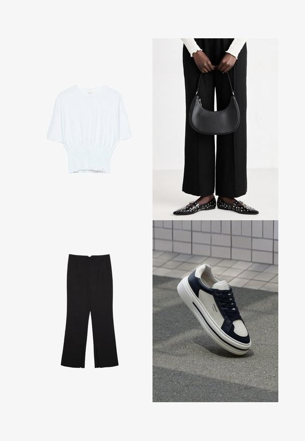 Biała koszulka z krótkim rękawem o luźnym kroju i marszczonym wykończeniu w talii. Wykonana z miękkiego, lekkiego materiału.; Czarne spodnie o prostym kroju, z przednimi kieszeniami i bocznymi rozcięciami na dole. Wykonane z miękkiego, gładkiego materiału. Odpowiednie na różne okazje.; Białe i granatowe skórzane sneakersy z perforowanym noskiem, sznurówkami i teksturowaną gumową podeszwą, z logo na boku.; Czarna skórzana torba na ramię o zaokrąglonym kształcie, z połyskującym wykończeniem i srebrnymi akcentami. Osoba w czarnych spodniac wyszczuplających i znaczonymi loafersami.