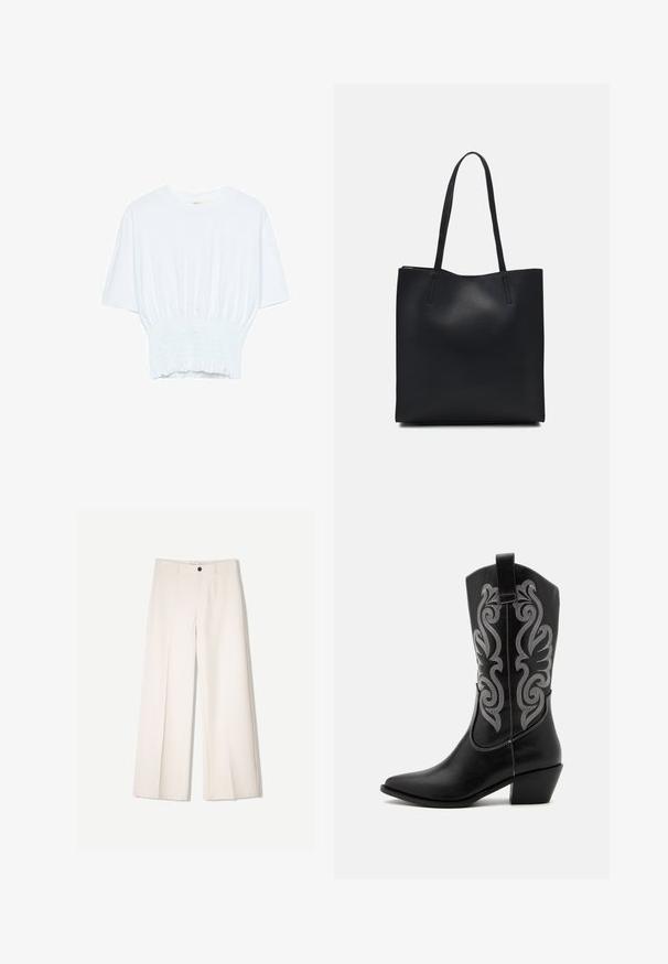 Biała koszulka z krótkim rękawem o luźnym kroju i marszczonym wykończeniu w talii. Wykonana z miękkiego, lekkiego materiału.; Kremowe spodnie szerokie z dopasowanym krojem, z dwoma przednimi kieszeniami i pojedynczym zapięciem na guzik z przodu, wykonane z gładkiego materiału.; Czarne skórzane kowbojki z ostrym noskiem, o długości do połowy łydki, złożone ze srebrnych skomplikowanych haftów i warstwowego obcasa.; Czarna skórzana torba tote o gładkiej fakturze, prostokątnym kształcie i dwóch długich uchwytach. Brak widocznych elementów metalowych i ozdób.