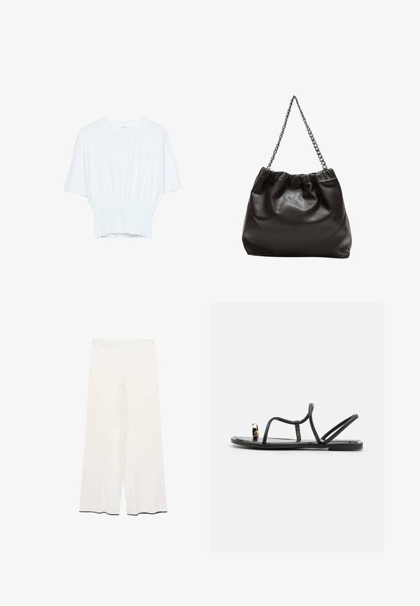 Hvid kortærmet T-shirt med afslappet pasform og smocked tekstur ved taljen. Lavet af blødt, letvægtsstof.; Videbenede bukser i cremefarvet stof med en glat tekstur. Har en enkel talje og sort kant langs sømmen for kontrast.; Sorte flade sandaler med tynde stropper og en tå ring, med et guldaccents detaljer på tåen. Lavet af et glat, shiny materiale.; Brun lædertaske med en rynket top og en kædestrop. Glat tekstur med en blank finish og subtile sømdetaljer på siderne.