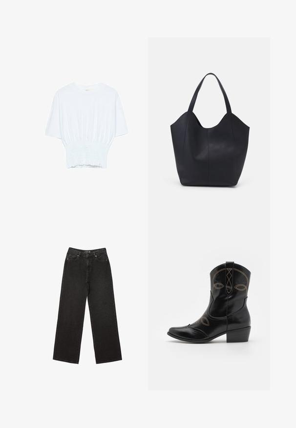 Bela majica s kratkimi rokavi sproščenega kroja in z gubanim materialom na pasu. Narejena iz mehkega, lahkega blaga.; Črne široke jeans hlače iz denima, z majhnimi pikčastimi vzorci, klasičnim petim žepom ter z gumbom in zadrgo za zapiranje.; Črne usnjene kavbojske čevlje z dekorativnim oranžnim šivom in izrezljanim dizajnom. Imajo kratek nalagan heel in koničast nos.; Črna torba v obliki tote iz gladke usnjene površine, ki ima ukrivljen odprt vrh z dvema naramnicama in minimalističnim dizajnom.