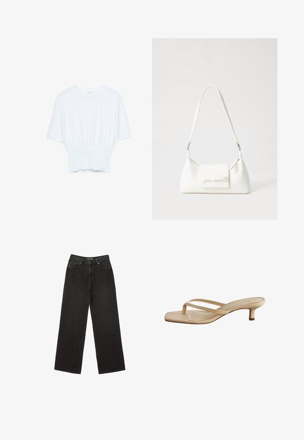 Bijela majica kratkih rukava s opuštenim krojem i nabrano teksturom na struku. Izrađena od mekog, laganog materijala.; Crne široke traperice izrađene od denima, s malim točkastim uzorcima, klasičnim dizajnom s pet džepova i zatvaranjem na gumbe i zatvarač.; Bež sandale na petu sa četvrtastim vrhom. Izrađene od glatkog materijala, s tankim trakama i niskom blok petom.; Bijela sintetička torbica s trokutastim oblikom, ravnim prednjim poklopcem i detaljem u obliku mašne, podesivom remenom, glatkom teksturom i minimalističkim dizajnom.
