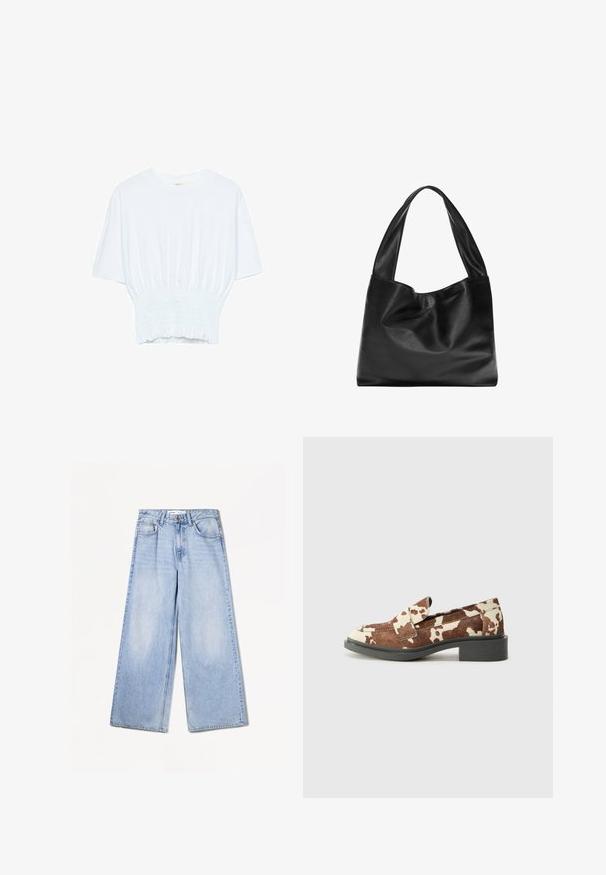 Weißes T-Shirt mit kurzen Ärmeln, lockerer Passform und gerafftem Stoff an der Taille. Aus weichem, leichtem Material gefertigt.; Bershka WIDE-LEG - Wide Leg - light-blue denim; Braune und cremefarbene Kuhfell-Slipper mit flacher schwarzer Sohle, ausgestattet mit einem dekorativen Riemen über dem Spann und einer glatten Oberfläche.; Schwarze Leder-Tote mit einem weichen, lässigen Design, breiten Griffen und einer glatten Textur. Keine sichtbaren Beschläge oder Verzierungen.