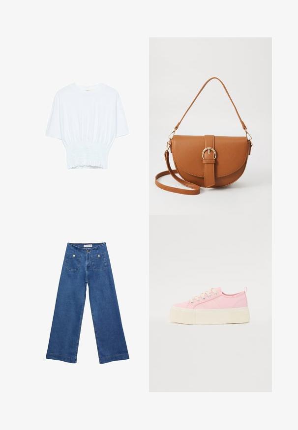 Vit kortärmad t-shirt med avslappnad passform och smockad textur vid midjan. Tillverkad av mjukt, lätt material.; Jeans med vida ben i denim med en mellanblå tvätt, två framfickor med knäppningar och sydda detaljer längs fållarna.; Rosa canvas plattformsneakers med en strukturerad vit sula, platta snören och sidostreck. Har en bakre ögla för enkel påtagning.; Brun läder crossbody-väska med en böjd form, gyllene detaljer och en spänneaccent. Har en avtagbar axelrem.