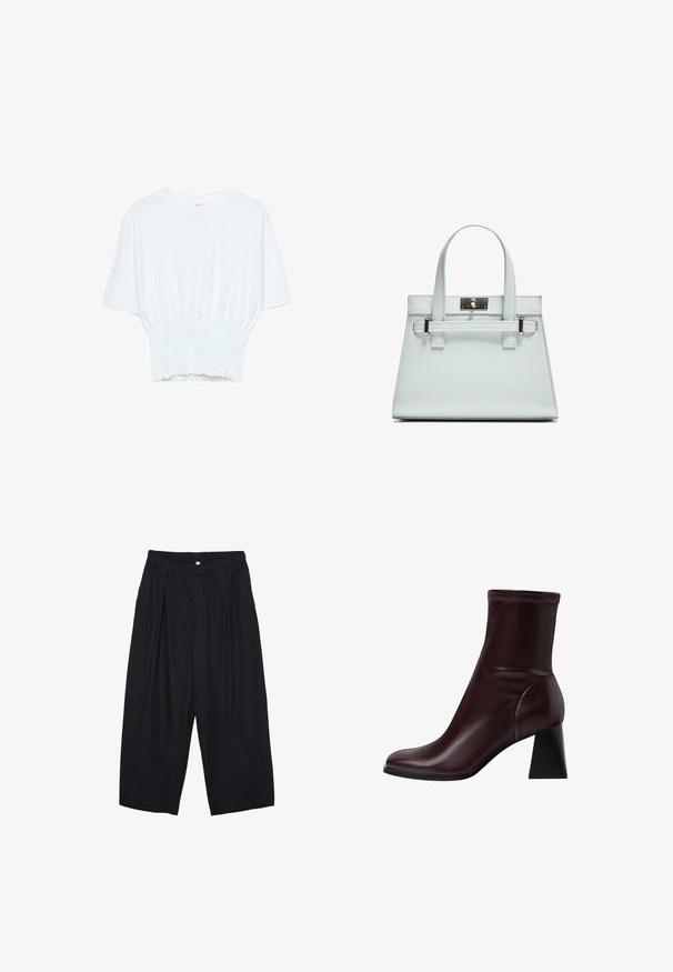 Bijela majica kratkih rukava s opuštenim krojem i nabrano teksturom na struku. Izrađena od mekog, laganog materijala.; Crne poliester hlače culotte s elastičnim pojasom, dva prednja nabora i širokim krojem. Nema vidljivih uzoraka ili metalnih detalja.; Stradivarius BLOCK - Klasične gležnjače - dark red; Svijetloplavi ručni kovčeg sa strukturiranim dizajnom, dva držača i kopčom od srebrnastog metala. Teksturirani materijal i oštri kutovi.