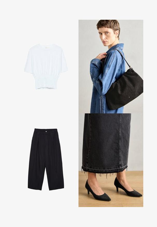 T-shirt blanc à manches courtes avec une coupe décontractée et une texture froncée à la taille. Fabriqué en tissu doux et léger.; Pantalon culotte noir en polyester avec une taille élastique, deux plis avant et une silhouette ample. Pas de motifs visibles ni de détails matériels.; Escarpins en suede noirs avec un bout pointu et un talon de 3 pouces, associés à une longue jupe en denim foncé présentant des détails d'ourlet effilochés.; Sac à main en suède noir avec une forme douce et structurée, doté d'une fine bandoulière en cuir et d'un logo de marque discret. Le modèle porte une veste en jean.