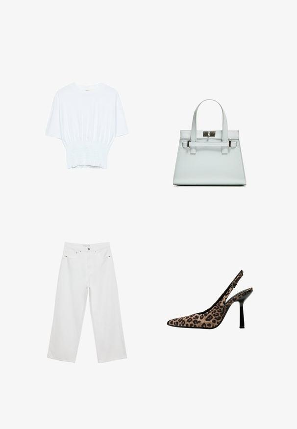 Valkoinen lyhythihainen t-paita, jossa on rento leikkaus ja frillattu tekstuuri vyötäröllä. Valmistettu pehmeästä, kevyestä kankaasta.; Valkoiset leveälahkeiset farkut, joissa on korkea vyötärö. Tämä malli sisältää viisi taskua ja metallisia yksityiskohtia. Kankaan pinta on sileä, ilman näkyviä kuvioita.; Korkokenkä, jossa on leopardi-kuosiset kantapäät, terävä kärki, mustat lakatut yksityiskohdat, ohut korkea korko ja säädettävä solki. Synteettistä materiaalia.; Vaaleansininen käsilaukku, jossa on jämäkkä muotoilu, kaksi kahvaa ja hopeanvärinen kiinnitys. Pinta on teksturoitu ja kulmat terävät.