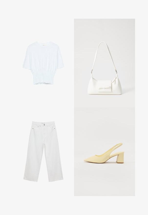 T-shirt blanc à manches courtes avec une coupe décontractée et une texture froncée à la taille. Fabriqué en tissu doux et léger.; Jean large blanc en denim avec taille haute, comportant cinq poches et des accents en métal. Texture lisse, sans motifs visibles.; Escarpin beige à bout pointu avec un talon bloc, finition lisse et détails de sangle élastique sur fond uni.; Sac à main synthétique blanc en forme triangulaire, avec un rabat avant plat et un détail en nœud, une bandoulière ajustable, une texture lisse et un design minimaliste.