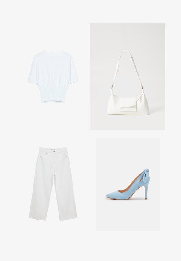Vit kortärmad t-shirt med avslappnad passform och smockad textur vid midjan. Tillverkad av mjukt, lätt material.; Vita vida jeans i denim med hög midja, med fem fickor och metalldetaljer. Slät textur, inga synliga mönster.; Ljusblå mockaskor med hög klack, spetsig tå och en liten rosett på baksidan. Har en elegant design och en tan-färgad innersula.; Vit syntetisk handväska med triangulär form, platt framklaff och rosettdetalj, justerbar rem, slät textur och minimalistisk design.