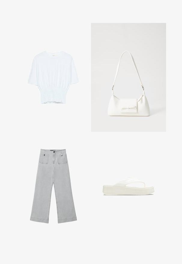 Biała koszulka z krótkim rękawem o luźnym kroju i marszczonym wykończeniu w talii. Wykonana z miękkiego, lekkiego materiału.; Spodnie o szerokich nogawkach w jasnoszarym denimu, z dwoma przednimi kieszeniami, metalowymi zapięciami i schludnym wykończeniem z podwiniętymi brzegami.; Białe platformowe klapki z gładkiej plastikowej cholewki, podzielonym paskiem i teksturowaną podeszwą dla lepszej przyczepności. Wytłoczone logo po boku.; Biała syntetyczna torba o trójkątnym kształcie, płaskim przednim klapce i detalach w postaci kokardy, regulowanym pasku, gładkiej fakturze oraz minimalistycznym designie.