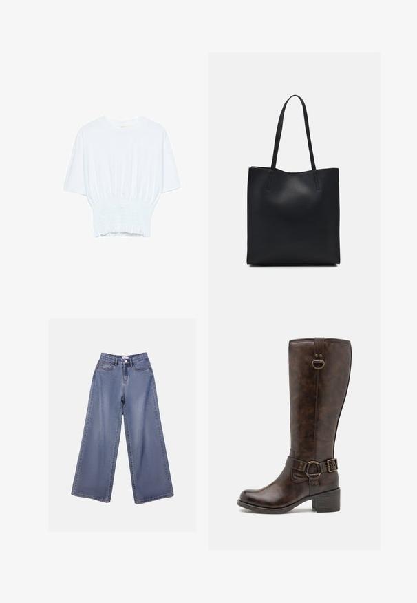 Witte T-shirt met korte mouwen in een relaxte pasvorm en gerimpelde textuur bij de taille. Gemaakt van zachte, lichtgewicht stof.; Lichte blauwe wijdlopende denim jeans met een hoge taille, voorzakken en een knoopsluiting met riemlussen.; Bruine leren kniehoge laarzen met een ronde neus, decoratieve riem, ronde hardware en een lage blokhak. Overal een gladde textuur.; Zwarte leren handtas met een gladde textuur, rechthoekige vorm en twee lange handvaten. Geen zichtbare hardware of versieringen.