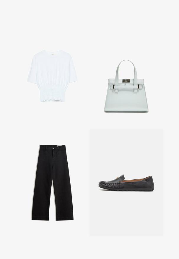 Weißes T-Shirt mit kurzen Ärmeln, lockerer Passform und gerafftem Stoff an der Taille. Aus weichem, leichtem Material gefertigt.; Schwarze weit geschnittene Jeans mit hoher Taille, ausgestattet mit Vorder- und Hintertaschen, gesteppten Nähten und einem Knopfverschluss. Glatte Textur.; Schwarze Leder-Mokassins mit gesticktem Design, abgerundeter Spitze und einem dezenten goldenen Akzent. Weicher Stoff und Gummisohle für guten Halt.; Helle blaue Handtasche mit strukturiertem Design, zwei Griffen und einem Beschlag aus silberfarbenem Metall. Texturiertes Material und scharfe Ecken.