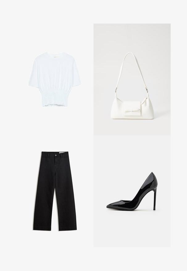 T-shirt blanc à manches courtes avec une coupe décontractée et une texture froncée à la taille. Fabriqué en tissu doux et léger.; Pantalon en denim noir à jambes larges avec une taille haute, comprenant des poches avant et arrière, des coutures piquées et une fermeture à bouton. Texture lisse.; Call it Spring MESMERIZE - Escarpins - other black; Sac à main synthétique blanc en forme triangulaire, avec un rabat avant plat et un détail en nœud, une bandoulière ajustable, une texture lisse et un design minimaliste.
