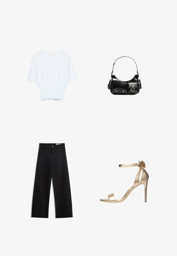 Bílý tričko s krátkým rukávem, se volným střihem a nařasenou texturou v pase. Vyrobeno z měkkého, lehkého materiálu.; Černé denimové kalhoty s volným střihem a vysokým pasem, vybavené předními a zadními kapsami, prošívanými švy a knoflíkovým zapínáním. Hladká textura.; Zlaté metalické sandály na vysokém podpatku s tenkým páskem kolem kotníku, otevřenou špičkou a hladkým povrchem. Mají jemný mašličkový akcent na patě.; Černá lakovaná kožená kabelka s křivkovým tvarem, jedním ramenním popruhem, předními kapsami a stříbrnými kovovými detaily.