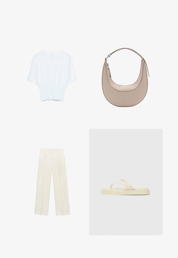 Bílý tričko s krátkým rukávem, se volným střihem a nařasenou texturou v pase. Vyrobeno z měkkého, lehkého materiálu.; Kalhoty s širokými nohavicemi v světle krémové barvě. Vyrobené z hladké tkaniny s záhyby vpředu a bočními kapsami.; Ploché žabky ve světle žluté barvě. Vyrobené z hladké gumy se dvěma diagonálními pásky a silnou podrážkou pro pohodlí a trvanlivost.; Světle béžová kožená kabelka přes rameno s půlměsíčovým tvarem, hladkým povrchem a jedním zakřiveným uchopem. Obsahuje zipový uzávěr a upravené švy.