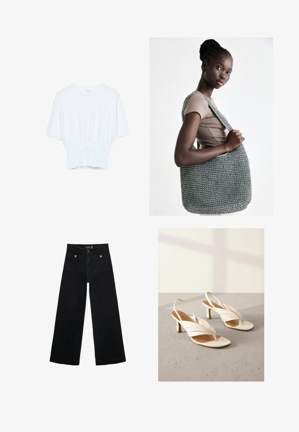 Bela majica s kratkimi rokavi sproščenega kroja in z gubanim materialom na pasu. Narejena iz mehkega, lahkega blaga.; Črne široke kavbojke z visokim pasom, ki imajo dva sprednja žepa in kovinske gumbi. Tkanina ima gladko teksturo.; Bela usnjena slingback čevlja z zvitjem spredaj, odprtim prstom in srednje višino blok peto. Gladka tekstura in minimalni detajli.; Siva kvačkana torba z teksturiranim finišem in širokim, ravnim trakom, ki jo držimo ob bež majici, s prostornim in strukturiranim oblikovanjem.