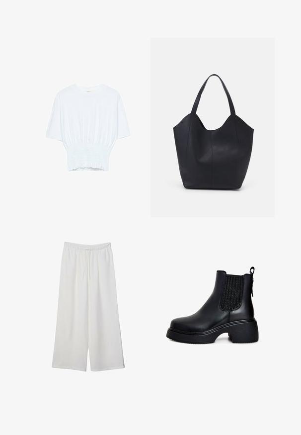 Valkoinen lyhythihainen t-paita, jossa on rento leikkaus ja frillattu tekstuuri vyötäröllä. Valmistettu pehmeästä, kevyestä kankaasta.; Valkoiset leveälahkeiset housut, jotka on valmistettu kevyestä kankaasta. Niissä on joustava vyötärö ja nauha säädettävää istuvuutta varten. Sileä pinta.; Mustat nahka nilkkurit, joissa on elastiset sivupaneelit, pyöreä varvas, tukeva pintakuvioitu korko ja vetoketju takana helppoa pukemista varten.; Mustat kangaskassit, jotka on valmistettu sileästä nahasta, jossa on kaareva, avoin yläosa, kaksi olkahihnaa ja minimalistinen muotoilu.