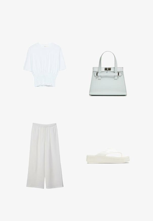 Biała koszulka z krótkim rękawem o luźnym kroju i marszczonym wykończeniu w talii. Wykonana z miękkiego, lekkiego materiału.; Białe szerokie spodnie wykonane z lekkiego materiału, z elastyczną talią i sznurkiem do regulacji fasonu. Gładka tekstura.; Białe platformowe klapki z gładkiej plastikowej cholewki, podzielonym paskiem i teksturowaną podeszwą dla lepszej przyczepności. Wytłoczone logo po boku.; Jasnoniebieska torebka o strukturalnym designie, z dwoma uchwytami i zapięciem w srebrnym odcieniu. Teksturowany materiał i ostre krawędzie.