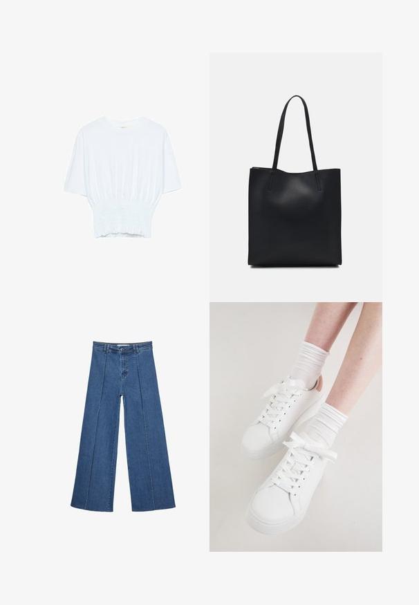 T-shirt bianco a maniche corte con una vestibilità rilassata e una texture smock in vita. Realizzato in tessuto morbido e leggero.; Jeans in denim a gamba larga di blu medio, con vita alta, chiusura con bottone e dettagli delle cuciture verticali a contrasto lungo la parte anteriore.; Sneakers bianchi in pelle presentano una punta arrotondata, suola piatta e lacci spessi. Accentuati da un tacco rosa chiaro e indossati con calze bianche a coste.; Borsa tote in pelle nera con texture liscia, forma rettangolare e due manici lunghi. Nessun hardware o decorazione visibile.