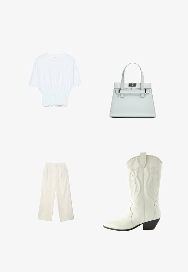 Biela krátka T-shirt s voľným strihom a zlaceným textúrou v oblasti pása. Vyrobená z mäkkého, ľahkého materiálu.; Široké nohavice z krémovej látky s hladkou textúrou, s jedným predným gombíkom, jemnými skladmi a vysokým pásom.; Next Kovbojská/motorkárska členková čižma - white; Svetlomodrá kabelka so štruktúrovaným dizajnom, dvomi uchami a striebornou kovovou prackou. Textúrovaný materiál a ostré rohy.
