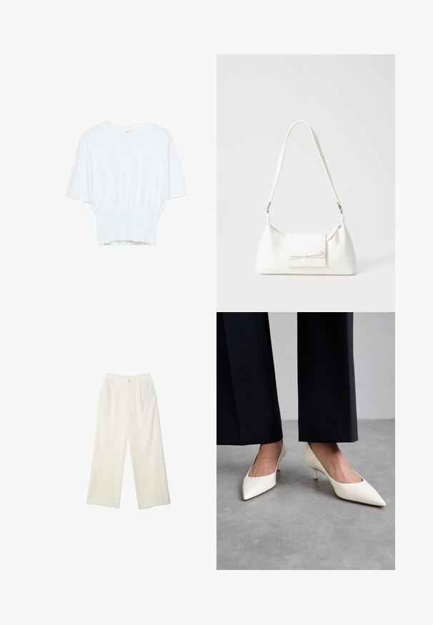 T-shirt bianco a maniche corte con una vestibilità rilassata e una texture smock in vita. Realizzato in tessuto morbido e leggero.; Pantaloni a gamba larga in tessuto crema con una texture liscia, caratterizzati da un singolo bottone frontale, pieghe sottili e un design a vita alta.; Stuart Weitzman POWER - Decolleté - cream; Borsa sintetica bianca a forma triangolare, con patta anteriore piatta e dettaglio a fiocco, tracolla regolabile, texture liscia e design minimalista.