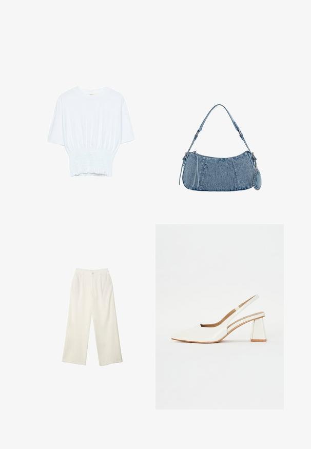 Weißes T-Shirt mit kurzen Ärmeln, lockerer Passform und gerafftem Stoff an der Taille. Aus weichem, leichtem Material gefertigt.; Helle Stoffhose mit weitem Bein und glatter Textur, ausgestattet mit einem einzelnen Knopf vorne, dezenten Falten und einem Hochbund-Design.; Weiße Lackleder-Pumps mit spitzer Zehenform und geometrischem Blockabsatz. Das Innere verfügt über eine tannfarbene Innensohle und minimalistische seitliche Aussparungen.; Denim-Handtasche mit geschwungener Form, hellblauer Farbe, verstellbarem Schultergurt und einem kleinen abnehmbaren Täschchen mit metallischen Akzenten.