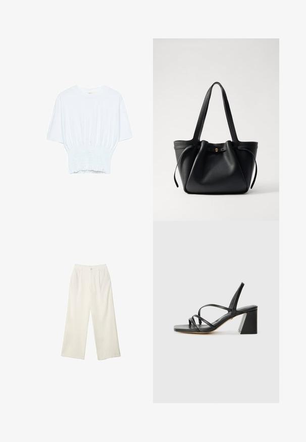 Biela krátka T-shirt s voľným strihom a zlaceným textúrou v oblasti pása. Vyrobená z mäkkého, ľahkého materiálu.; Široké nohavice z krémovej látky s hladkou textúrou, s jedným predným gombíkom, jemnými skladmi a vysokým pásom.; Čierne sandále na vysokom podpätku so štvorcovou špičkou, s viacerými tenkými remienkami a geometrickým blokovým podpätkom. Hladká kožená textúra a minimalistický dizajn.; Čierna kožená taška na rameno s dvoma dlhými popruhmi, sťahovaným vrcholom a zlatým kruhovým akcentom. Hladký povrch s minimalistickým dizajnom.