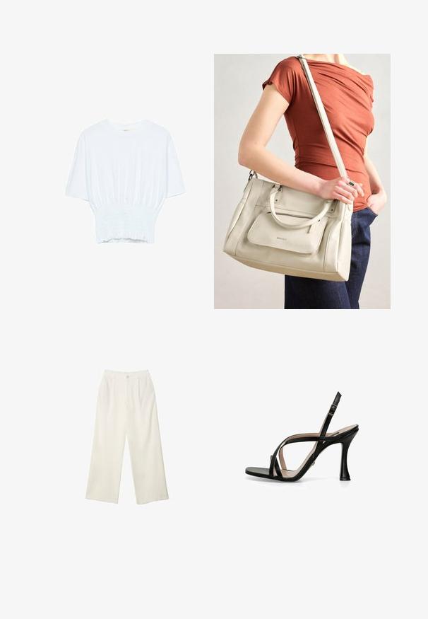 Biała koszulka z krótkim rękawem o luźnym kroju i marszczonym wykończeniu w talii. Wykonana z miękkiego, lekkiego materiału.; Spodnie z szerokimi nogawkami w kremowej tkaninie o gładkiej fakturze, z pojedynczym guzikiem z przodu, subtelnymi plisami i wysokim stanem.; Nine West - Sandały; Biała skórzana torebka z podwójnymi uchwytami i odczepianym paskiem, z przednią kieszenią na zamek i gładką fakturą. Nioszona na ramieniu przez osobę.