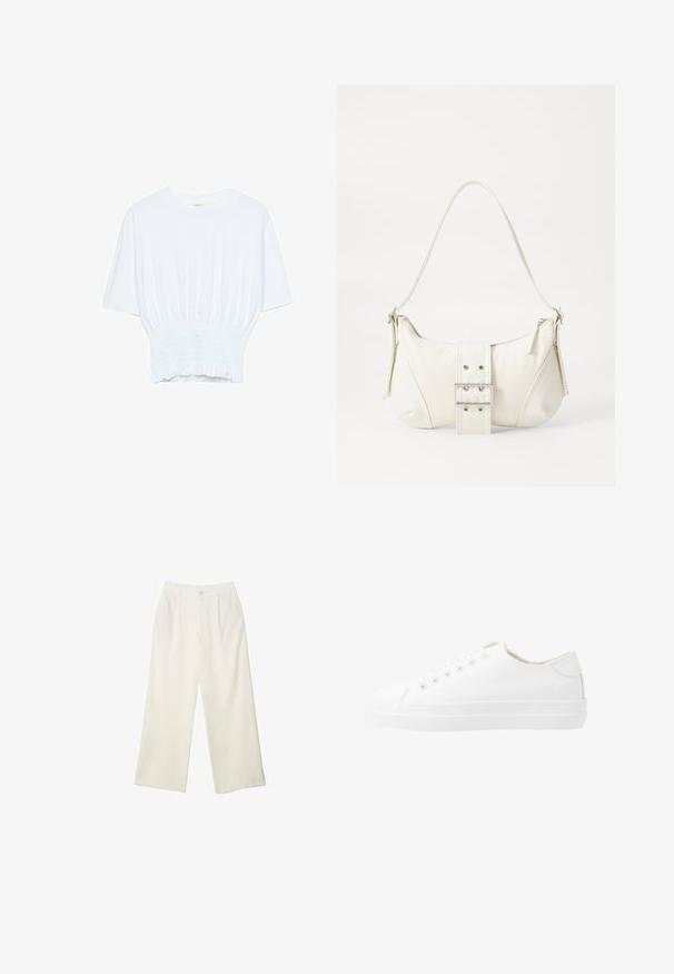 Hvid kortærmet T-shirt med afslappet pasform og smocked tekstur ved taljen. Lavet af blødt, letvægtsstof.; Bredde bukser i cremefarvet stof med en glat tekstur, der har en enkelt knap foran, diskrete folder og design med høj talje.; Hvide kanvas sneakers med lavt design, rund tå, seks snørehuller og en struktureret gummisål. Glat materiale med minimale detaljer.; Hvid skuldertaske med en tekstureret overflade, et centralt spænde og en buet form. Lynlåslukninger på begge sider.