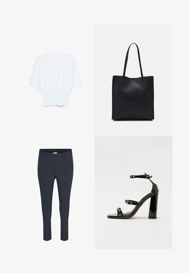 Bílý tričko s krátkým rukávem, se volným střihem a nařasenou texturou v pase. Vyrobeno z měkkého, lehkého materiálu.; Námořnické modré, upravené kalhoty s hladkým povrchem, se záhyby na přední straně a elastickým pasem pro pohodlí.; Černé lakované sandály na podpatku se čtveratou špičkou, lýtkovými pásky a stříbrnými přezkami. Disponují masivním blokovým podpatkem pro stabilitu.; Černá kožená taška přes rameno s hladkým povrchem, obdélníkovým tvarem a dvěma dlouhými uchy. Žádné viditelné kování ani ozdoby.