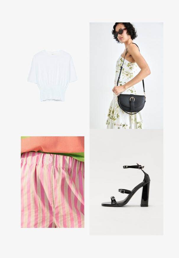 Weißes T-Shirt mit kurzen Ärmeln, lockerer Passform und gerafftem Stoff an der Taille. Aus weichem, leichtem Material gefertigt.; Hochtaillierte Stoffshorts mit rosa und crème gestreift und elastischem Bund. Verziert mit gesticktem Logo auf dem Bund. Glatte Textur.; Schwarze Lackleder-Sandalen mit hohen Absätzen, zwei Riemen mit Schnallen, quadratischer Zehenpartie und klobigem Blockabsatz, mit einer glatten, glänzenden Textur.; Schwarze Lederhandtasche mit geschwungener Form, abnehmbarem Tragegurt und goldenen Beschlägen. Die Tasche verfügt über einen Deckel mit einer Schnallen-Details.