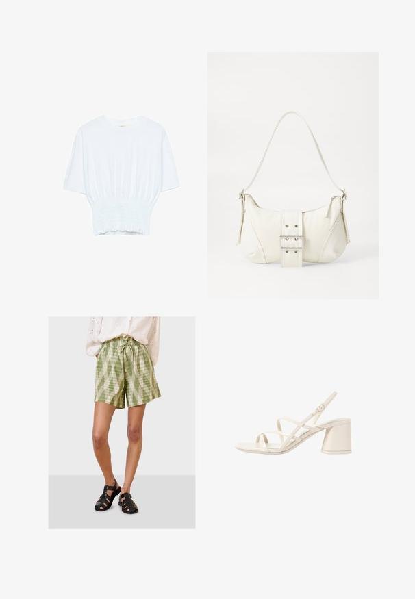 Valkoinen lyhythihainen t-paita, jossa on rento leikkaus ja frillattu tekstuuri vyötäröllä. Valmistettu pehmeästä, kevyestä kankaasta.; Vihreät ja kerma-valkoiset kuviolliset shortsit, joissa on joustava vyötärö ja naru. Valmistettu kevyestä kankaasta; polvipituiset ja rentoa istuvuutta.; Beige sandaalit korkokengät, joissa on kapeat, ristiin menevät hihnat, avoin varvas ja neliömäinen tukikorko. Liukas lakattu pinta, säädettävä nilkkahihna.; Valkoinen olkalaukku, jossa on teksturoitu pinta, keskeinen solkiyksityiskohta ja kaareva muoto. Vetoketjusulkimet kummallakin puolella.