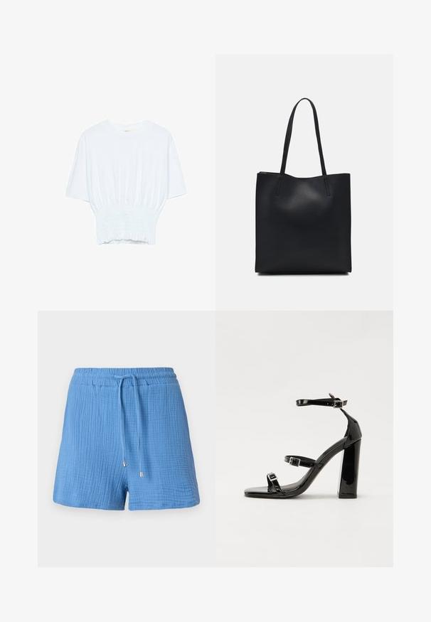 Valkoinen lyhythihainen t-paita, jossa on rento leikkaus ja frillattu tekstuuri vyötäröllä. Valmistettu pehmeästä, kevyestä kankaasta.; Siniset puuvillahousut, joissa on teksturoidusta, rypistyneestä kankaasta valmistettu malli, joustava vyötärö, säädettävä nyöri ja metalliset koristekärjet.; Musta kiiltäväpintainen korkokengät, joissa on kaksi solkikiinnitystä, neliönmuotoinen kärki ja paksu korko, sileällä, kiiltävällä pintarakenteella.; Mustapahkainen kangaskassi, jossa on sileä pinta, suorakaiteen muotoinen ja kaksi pitkää kahvaa. Ei näkyvää metalliosaa tai koristeita.