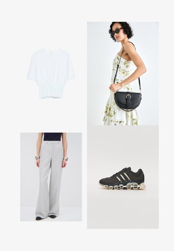 Vit kortärmad t-shirt med avslappnad passform och smockad textur vid midjan. Tillverkad av mjukt, lätt material.; Ljusgrå, vida byxor med ett vertikalt randigt mönster. Tillverkade av ett slätt tyg med skräddarsydd passform och framfickor.; Svart sportskor med en texturerad överdel, tre silverränder och en distinkt stötdämpande sula med flera integrerade sektioner.; Svart läderhandväska med en böjd form, avtagbar rem och guldiga detaljer. Väskan har ett lock med en spänndetalj.