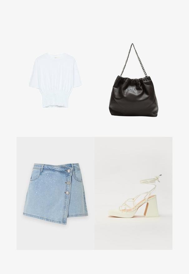 Biała koszulka z krótkim rękawem o luźnym kroju i marszczonym wykończeniu w talii. Wykonana z miękkiego, lekkiego materiału.; Jasnoniebieska spódnica dżinsowa o fasonie kopertowym, z wieloma srebrnymi guzikami i dekoracyjnymi srebrnymi ćwiekami ułożonymi w zanikający wzór.; Biała sandał na wysokim obcasie z masywnym słupkiem, z paskowym wzorem i wiązaniem przy kostce. Gładka faktura z platformą z przodu dla dodatkowej wysokości.; Brązowa skórzana torba z marszczonym szczytem i łańcuszkowym paskiem. Gładka tekstura z błyszczącym wykończeniem i subtelnymi detalami szwów po bokach.