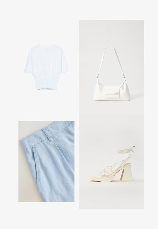Bijela majica kratkih rukava s opuštenim krojem i nabrano teksturom na struku. Izrađena od mekog, laganog materijala.; Svijetloplave lanene kratke hlače s naboranim dizajnom, imaju pojas i detalje šivanja. Glatka tekstura i ležeran stil.; Bijela sandala na visokoj potpetici s debelim petom, s remenom i vezanjem oko gležnja. Glatka tekstura s platformom sprijeda za dodatnu visinu.; Bijela sintetička torbica s trokutastim oblikom, ravnim prednjim poklopcem i detaljem u obliku mašne, podesivom remenom, glatkom teksturom i minimalističkim dizajnom.