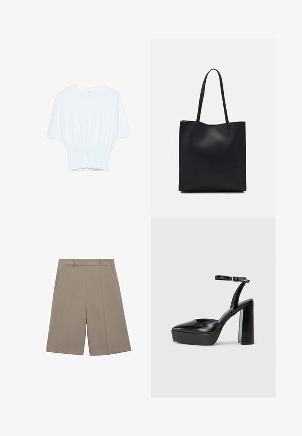 Biała koszulka z krótkim rękawem o luźnym kroju i marszczonym wykończeniu w talii. Wykonana z miękkiego, lekkiego materiału.; Beżowe spodenki z plisami o prostym kroju, z paskiem i kieszeniami bocznymi. Wykonane z gładkiego, lekkiego materiału.; Czarne platformy na wysokim obcasie z szpiczastym noskiem i regulowanym paskiem na kostkę. Wykonane z gładkiej skóry, z grubym słupkowym obcasem.; Czarna skórzana torba tote o gładkiej fakturze, prostokątnym kształcie i dwóch długich uchwytach. Brak widocznych elementów metalowych i ozdób.