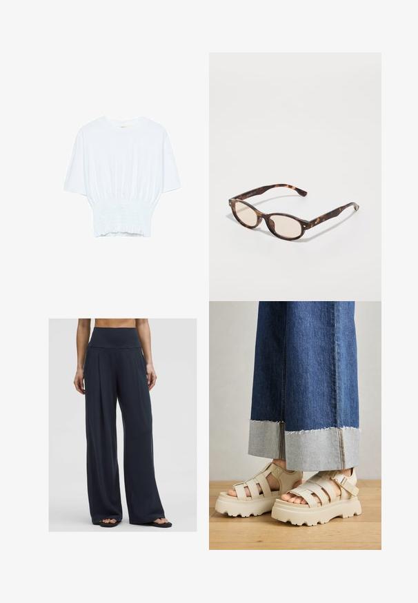 Weißes T-Shirt mit kurzen Ärmeln, lockerer Passform und gerafftem Stoff an der Taille. Aus weichem, leichtem Material gefertigt.; Eine Frau steht in hoch taillierten, weit geschnittenen dunklen Hosen, die sie mit Sandalen kombiniert hat, und zeigt einen bequemen, lässigen Stil.; Beige Plattform-Sandalen mit dicken Sohlen verfügen über ein Riemchen-Design und verstellbare Knöchelriemen. Getragen zu weit geschnittenen Denim-Hosen, ist ein Saum ausgefranst.; Schildkrötenmuster Sonnenbrille mit runder Form und leichten Gläsern. Verfügt über stabile Bügel mit kleinen goldenen Akzenten, hergestellt aus Kunststoff.; Braune Leder-Tote mit einer breiten, strukturierten Form, dünnen Griffen und einer strukturierten Oberfläche. Bietet ein minimalistisches Design ohne sichtbare Beschläge.