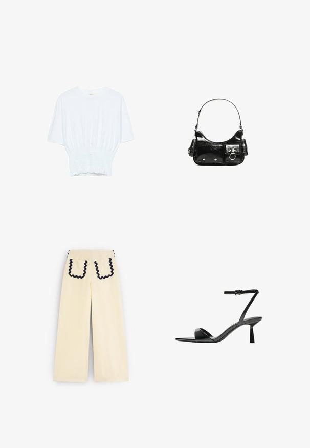 T-shirt blanc à manches courtes avec une coupe décontractée et une texture froncée à la taille. Fabriqué en tissu doux et léger.; Pantalons jaunes à jambes larges avec une finition texturée. Présente un passepoil en rickrack marin contrastant sur les bords des poches et les coutures latérales.; Bershka Sandales à talons hauts - black; Sac à main en cuir verni noir avec une forme incurvée, une bandoulière, des poches avant et des accents en métal argenté.