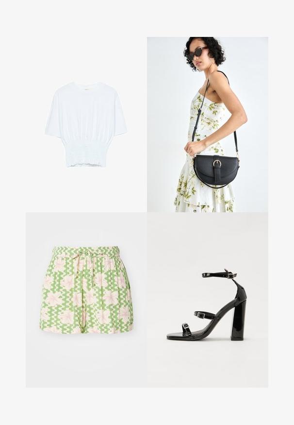Bela majica s kratkimi rokavi sproščenega kroja in z gubanim materialom na pasu. Narejena iz mehkega, lahkega blaga.; Zelene kratke hlače z belim valovitim vzorcem in rožnatimi cvetličnimi akcenti. Imajo elastičen pas in nastavljivo vezavo. Narejene so iz lahkega materiala.; Črne lakirane sandale s peto, kvadratnim prstom, trakovi okrog gležnja in srebrnimi zaponkami. Opremljene so s stabilno Debelo peto.; Črna usnjena torbica s ukrivljeno obliko, z odstranljivo naramnico in zlatimi dodatki. Torbica ima pokrov s podrobnostmi v obliki zaponke.