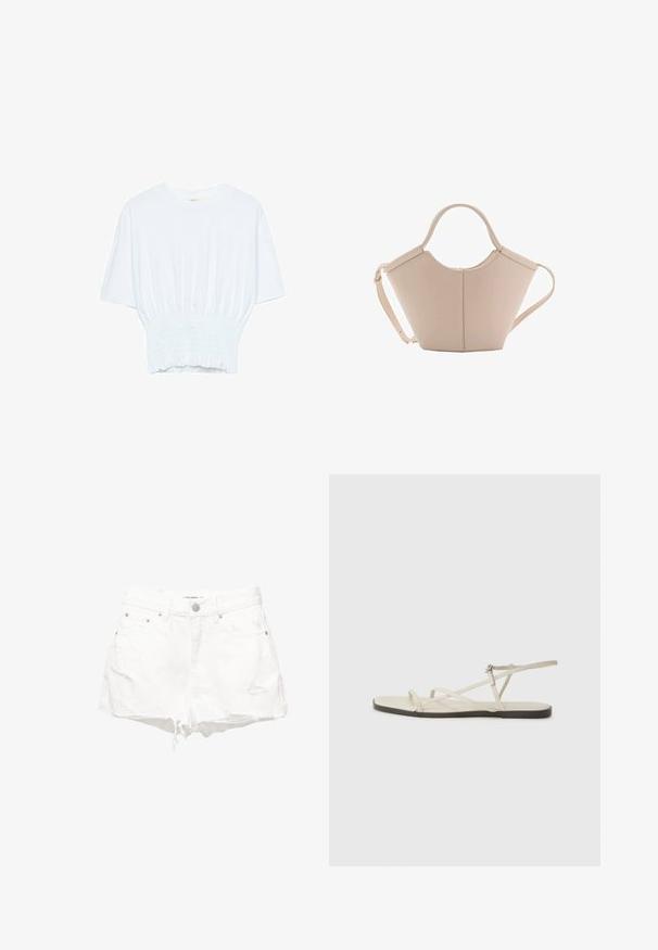Hvid kortærmet T-shirt med afslappet pasform og smocked tekstur ved taljen. Lavet af blødt, letvægtsstof.; Hvide denimshorts med et slidt look, frynset kant og fem lomme-design. Omfatter metalknap og nitte-detaljer.; Beige flad sandal med flere slanke stropper og en justerbar spænde. Sålen er flad med en let mørkere kontrast ved kanten.; Lysebrun læderhåndtaske med en unik form, featuring to korte håndtag og et langt justerbart rem. Glat tekstur med minimal hardware.