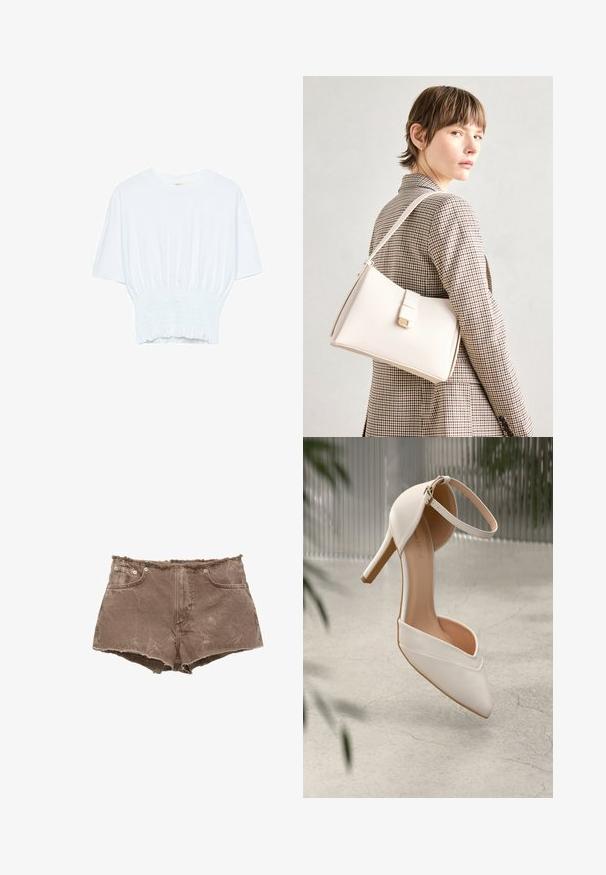 Vit kortärmad t-shirt med avslappnad passform och smockad textur vid midjan. Tillverkad av mjukt, lätt material.; Bruna denimshorts med fransad fåll, femficksdesign och metallknappdetaljer. Materialet verkar något slitna med en texturerad yta.; Vit högklackad sko i glatt material med spetstopp och ankelsnodd. Har en ljusbrun inredning och guldfärgad detaljer.; Vit läderhandväska med en strukturerad design, med en magnetknäppning och en axelrem, visad mot en neutral bakgrund.