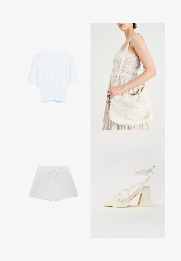 Valkoinen lyhythihainen t-paita, jossa on rento leikkaus ja frillattu tekstuuri vyötäröllä. Valmistettu pehmeästä, kevyestä kankaasta.; Valkoiset puuvillashortsit, joissa on joustava vyötärö ja kiristysnauha, kukkakirjailulla koristeltuna ja hengittävällä tekstuurilla.; Valkoinen korkokenkä, jossa on paksu korko, ja joka sisältää nauhakiinnityksen ja nilkkaketjun. Sujuva pinta, jossa on platform-etupohja lisäkorkeutta varten.; Valkoinen kangaskassi, jossa on kerrostettu pinta, säädettävä olkahihna ja hopeiset yksityiskohdat. Esillä kermaisen värisen mekon vieressä.; Kulta monikiteinen kaulakoru aaltoilevilla muodoilla; sisältää sileän, heijastavan metallipinnan ja säädettävän ketjun pituuden henkilökohtaista mukauttamista varten.