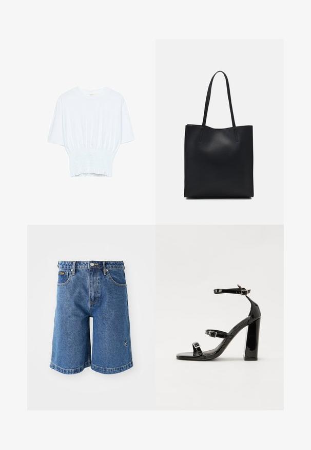 Bílý tričko s krátkým rukávem, se volným střihem a nařasenou texturou v pase. Vyrobeno z měkkého, lehkého materiálu.; Džínové kraťasy v modré barvě, se rovný střih, pěti kapsami a kontrastním žlutým prošíváním. Obsahují malé logo na levé straně.; Černé lakované sandály na podpatku se čtveratou špičkou, lýtkovými pásky a stříbrnými přezkami. Disponují masivním blokovým podpatkem pro stabilitu.; Černá kožená taška přes rameno s hladkým povrchem, obdélníkovým tvarem a dvěma dlouhými uchy. Žádné viditelné kování ani ozdoby.